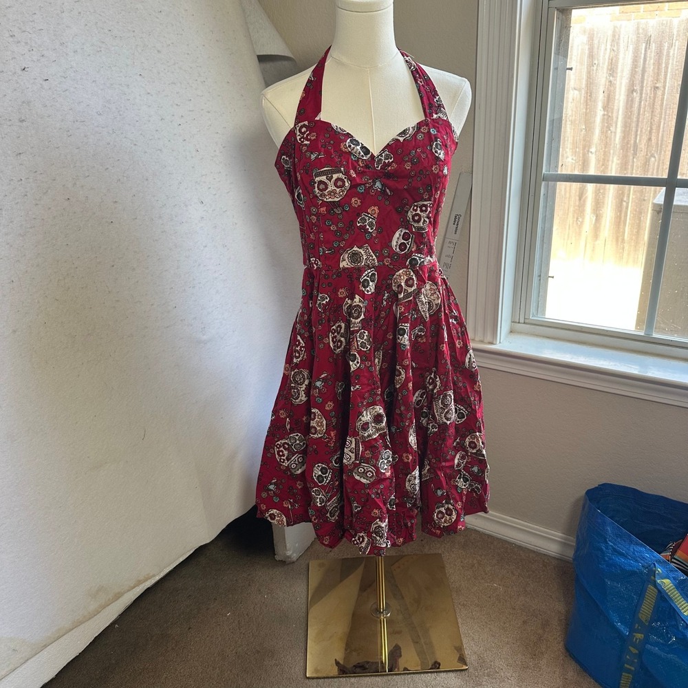 Hell Bunny Vixen Red Sugar Skull Halter Dress Rockabilly Pinup 4558 Large